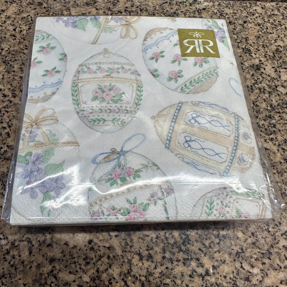 Roberts And Reid Easter‎ Egg Beverage Napkins 40 Count 3-Ply Paper Floral White